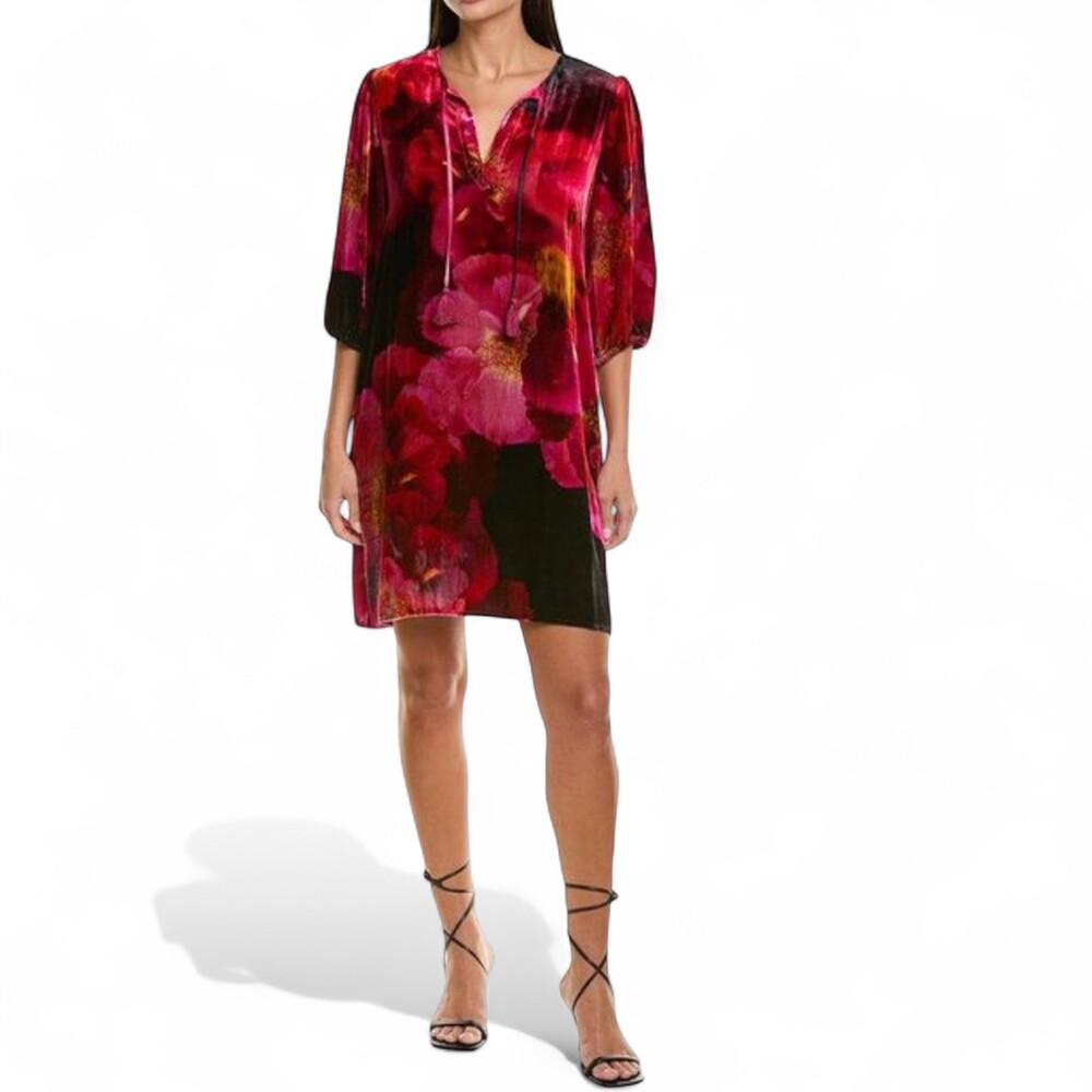 Johnny Was Velvet Floral Mini Shift Dress Size Large New $270